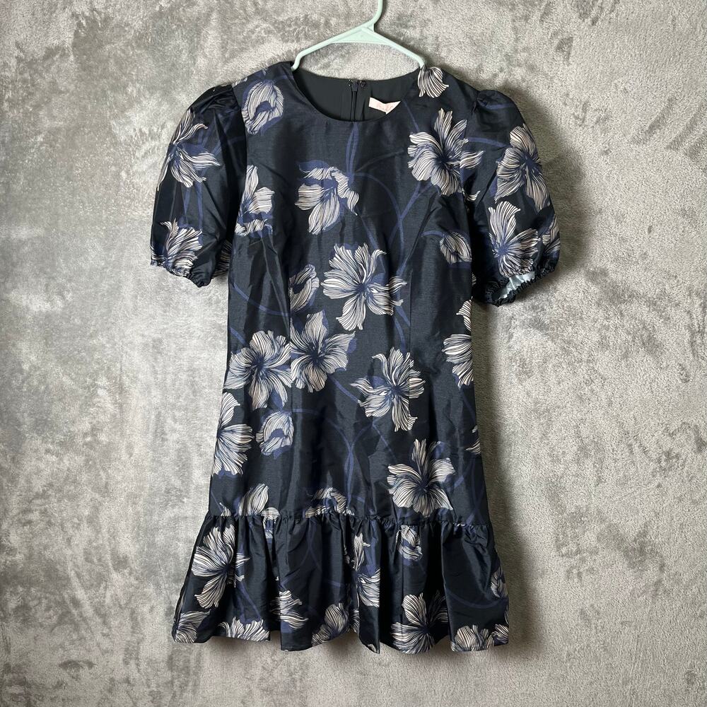 Hutch Rayan Mini Dress Navy Vining‎ Buds Floral Ruffle Hem Puff Sleeve Small New